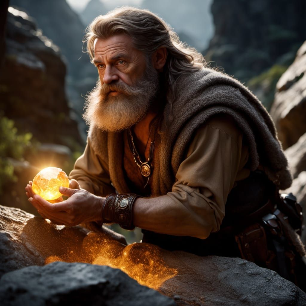 Dwarf Finds Glowing Gemstone in Mountain, Rutkowski Style