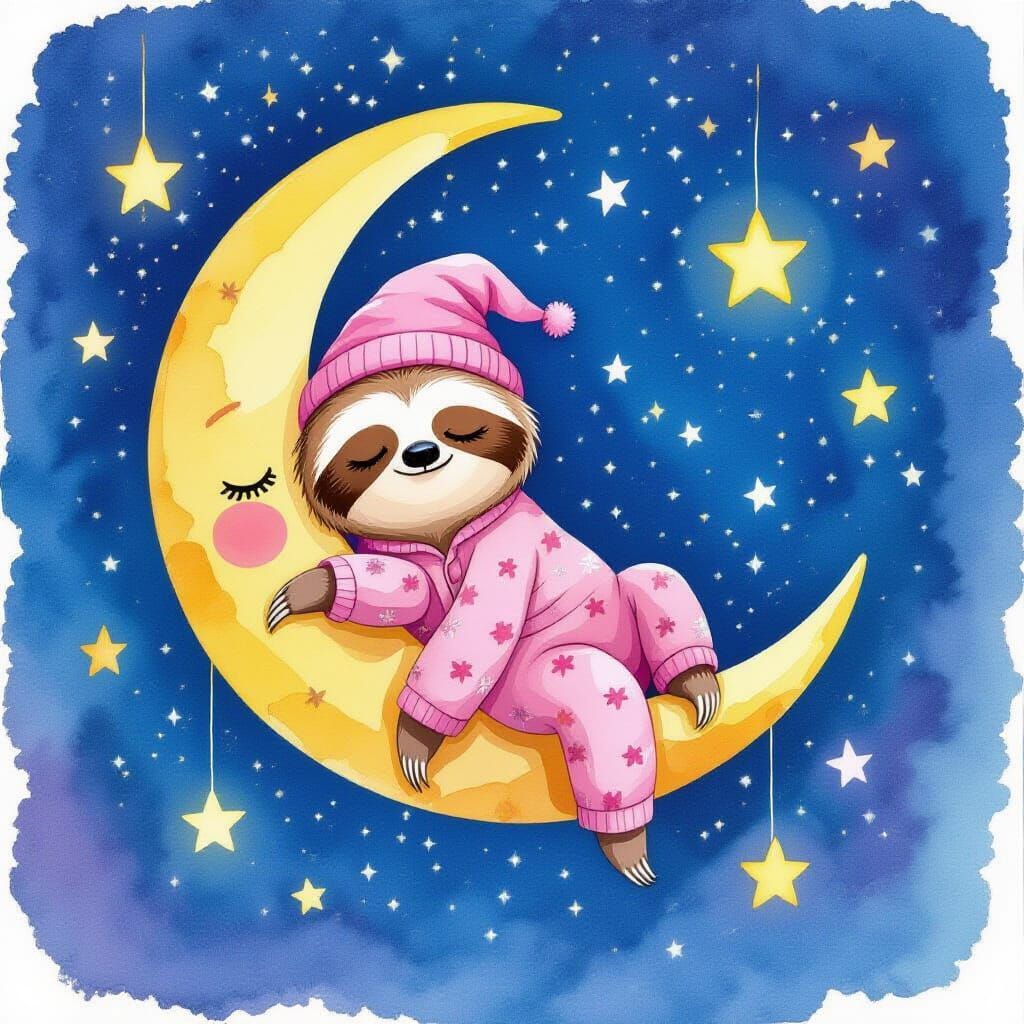 Sleepy Sloth on Moon in Whimsical Alcohol Ink Style