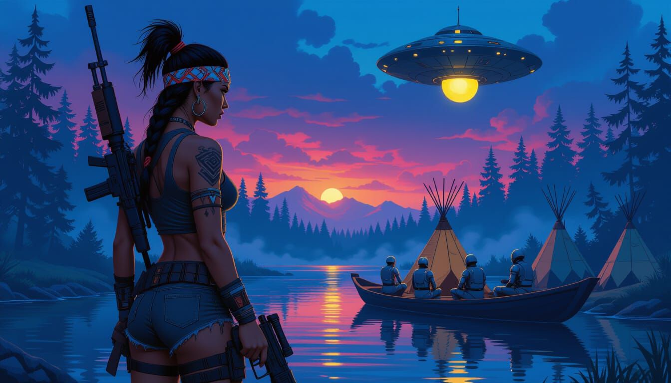 Warrior in Surreal Steampunk Landscape at Twilight