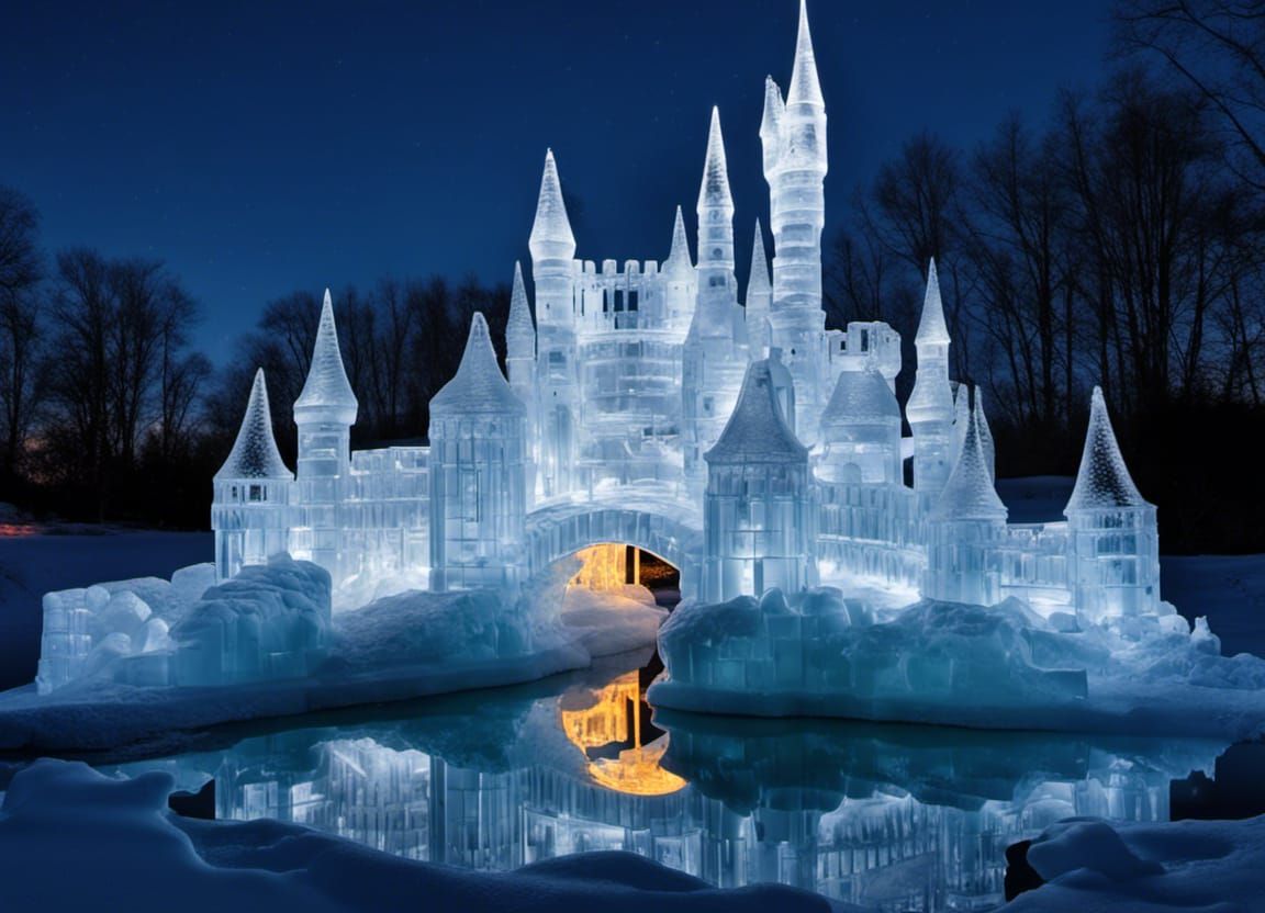 Glowing Crystal Ice Castle in Winter Night