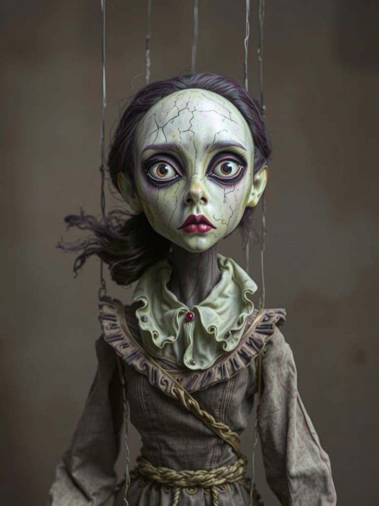 Creepy wooden female puppet with a cracked face and eerie lifelike eyes,