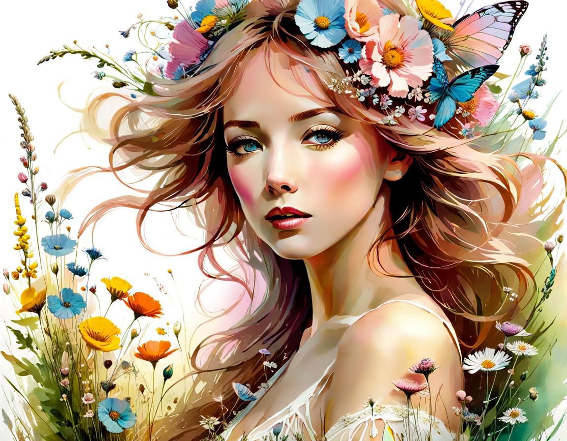 Watercolor Bloom Meadow Landscape Inspired by Turner