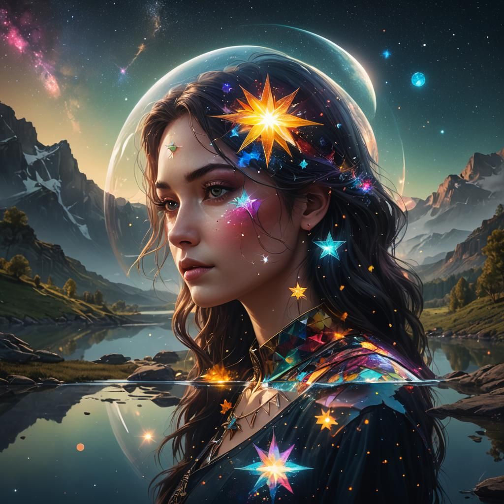 Double Exposure Glass with Star and Moons