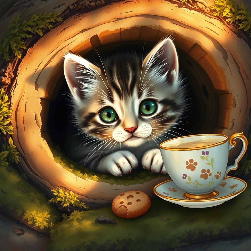 Adorable Kitten in Mossy Log: Watercolor, Whimsy, Realism