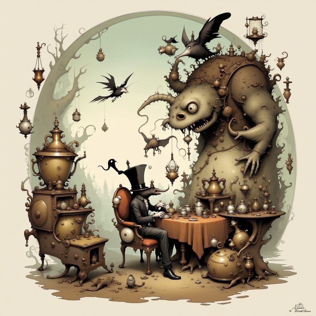Cute and Creepy Steampunk Tea Party Illustration