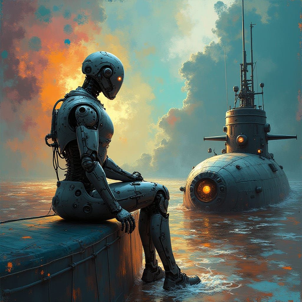 Contemplative Robot on Submarine in Cosmic Chaos