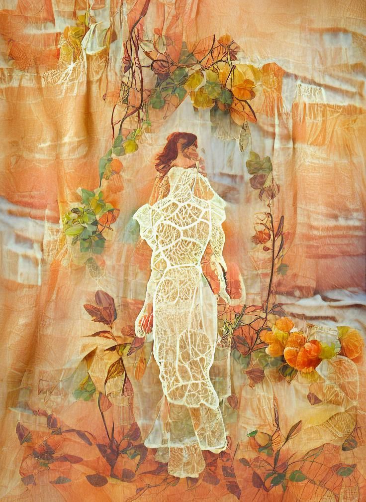 Vintage lace transparent dress flowing, woman walking, floral, vines, autumn, bohemian, transparent sheets in sunset lig...