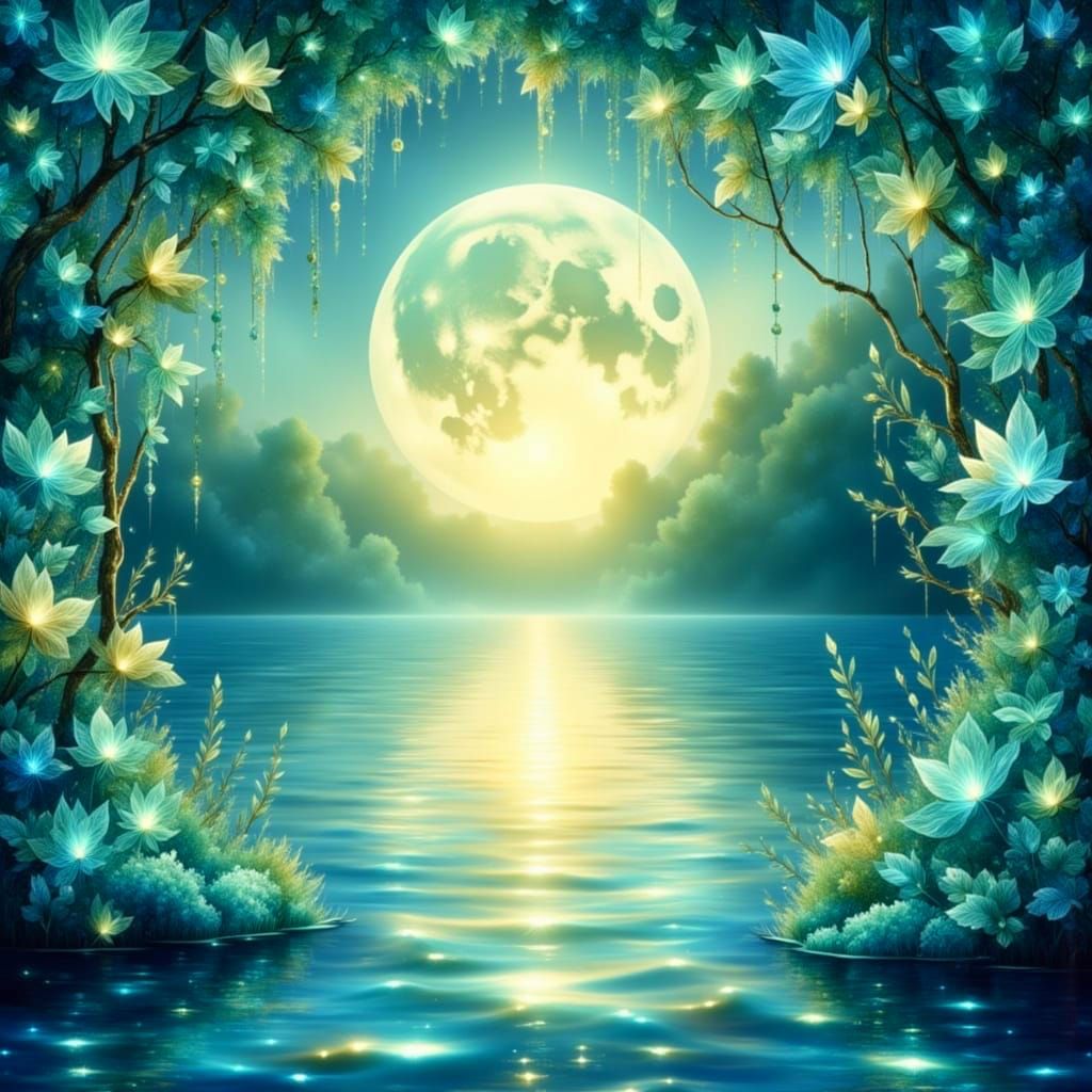 Full Moon Over Sapphire Lake in High Fantasy Style