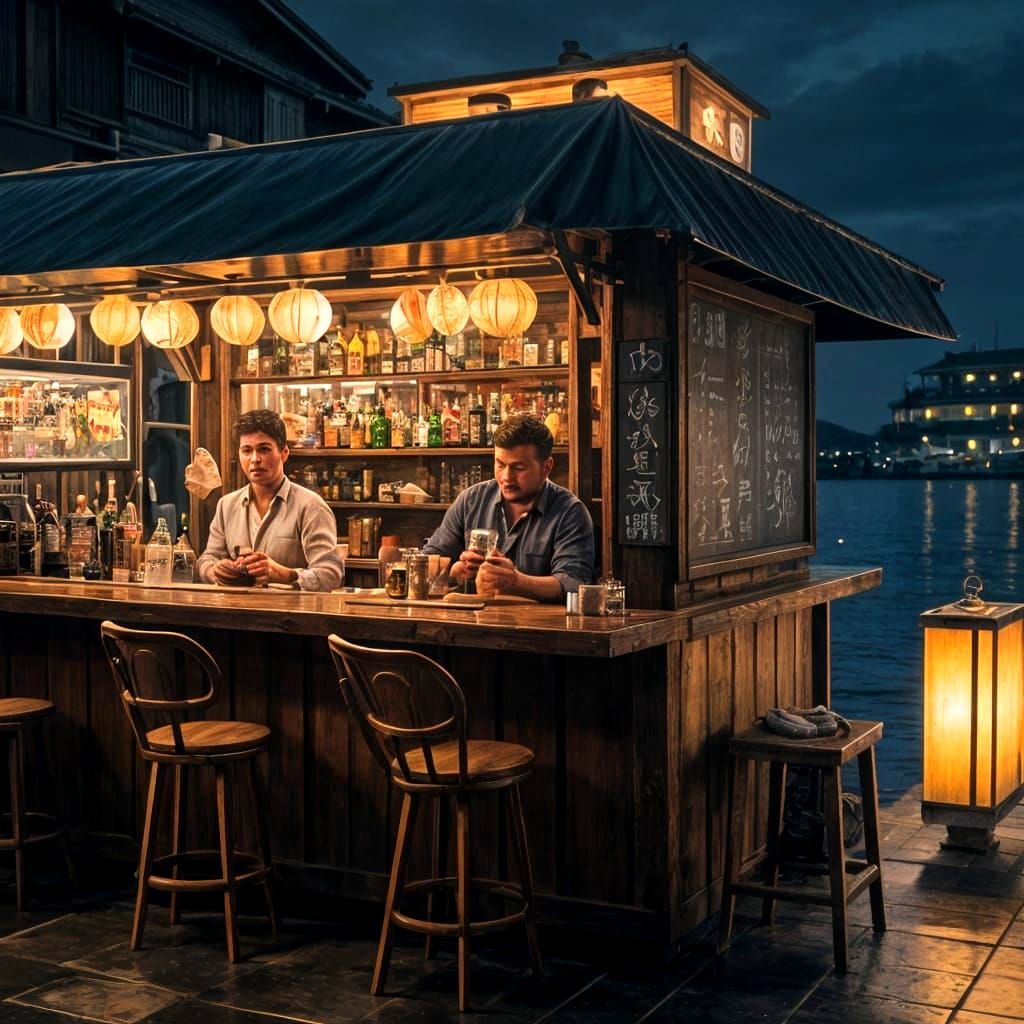 Pig-Headed Bartender Serves Customer at Harbor Food Stall