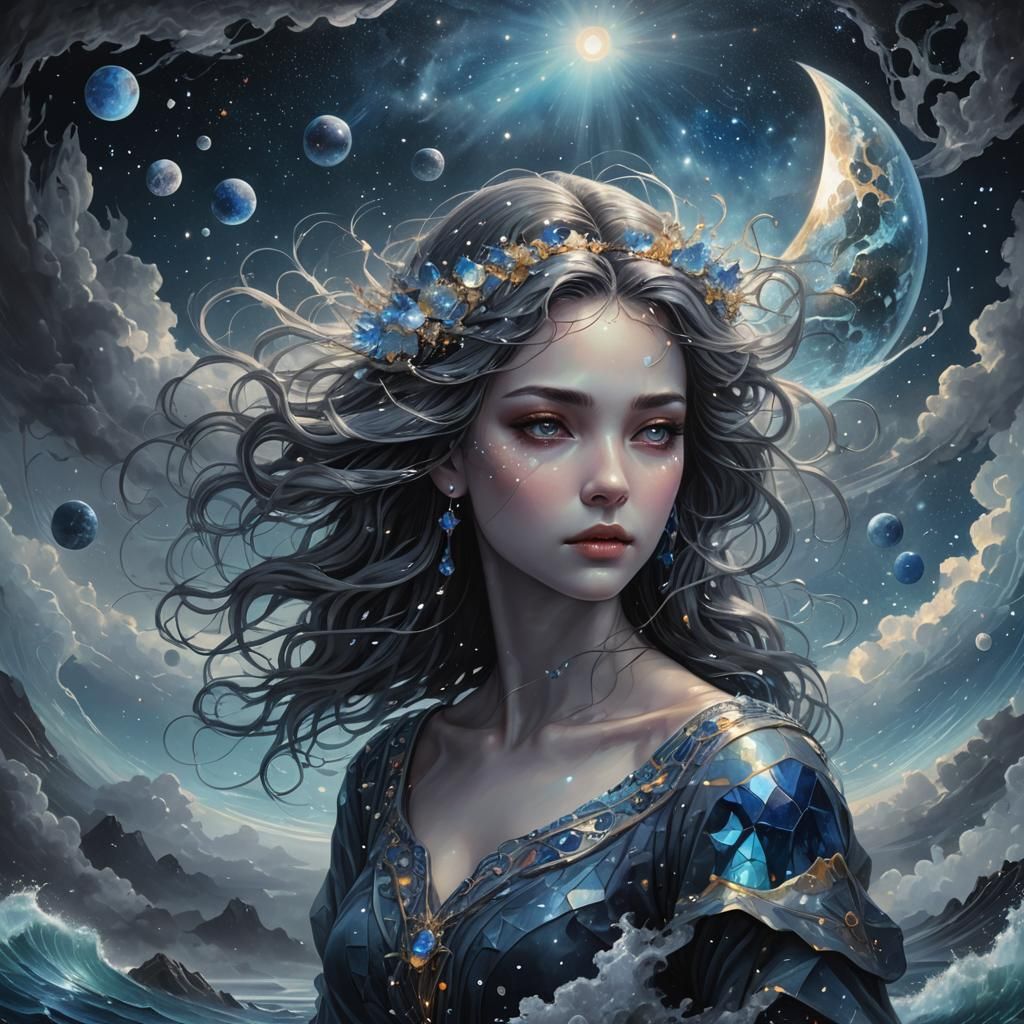 Cosmic Sea Under Grey Sky: Astral Illustration