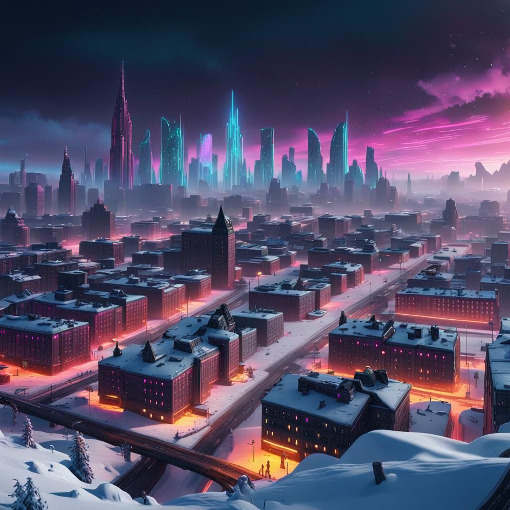 Cyberpunk Neon Scandinavian Skyline in Detailed Digital Art