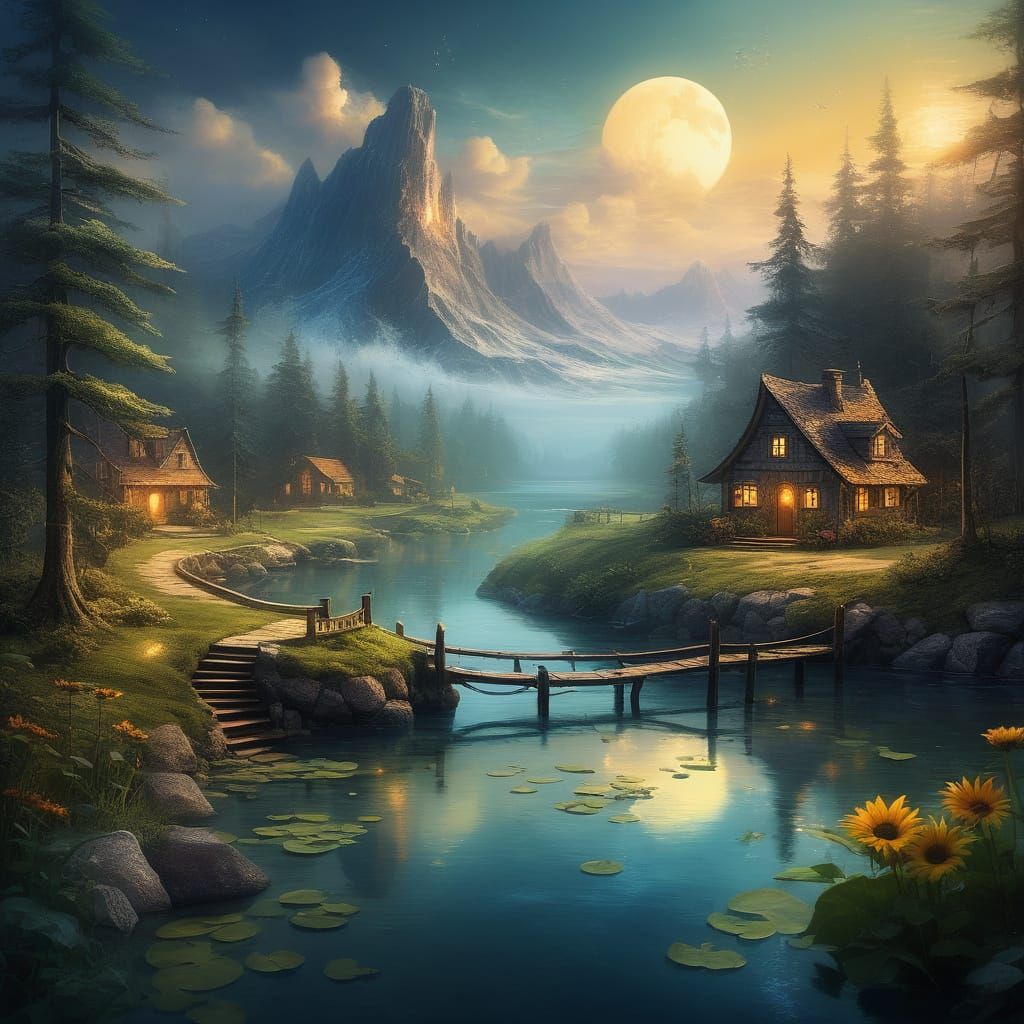 Bioluminescent Sunflowers in Fantasy Landscape Digital Art