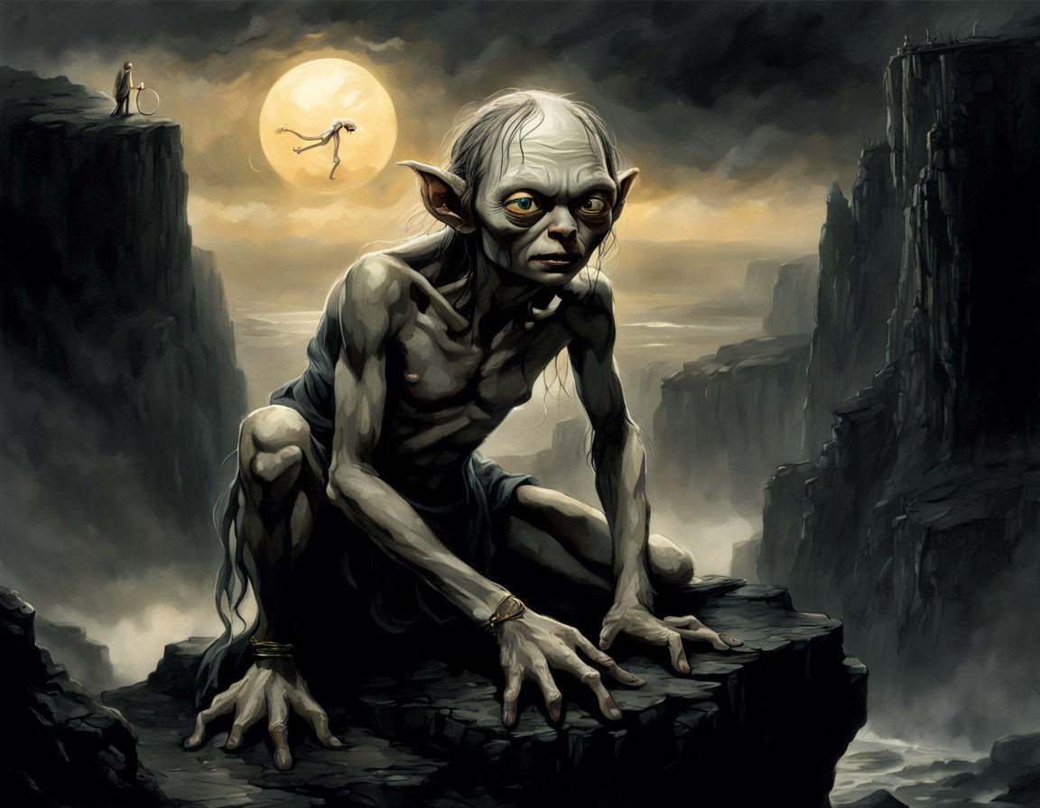 Gollum's Golden Obsession in Dark Fantasy Landscape