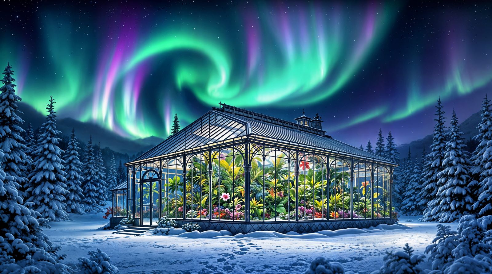 Surreal Greenhouse Illuminated by Aurora Borealis