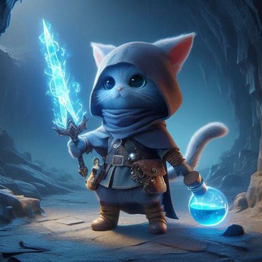 Whimsical Fantasy Cat Warrior in Dark Cavern