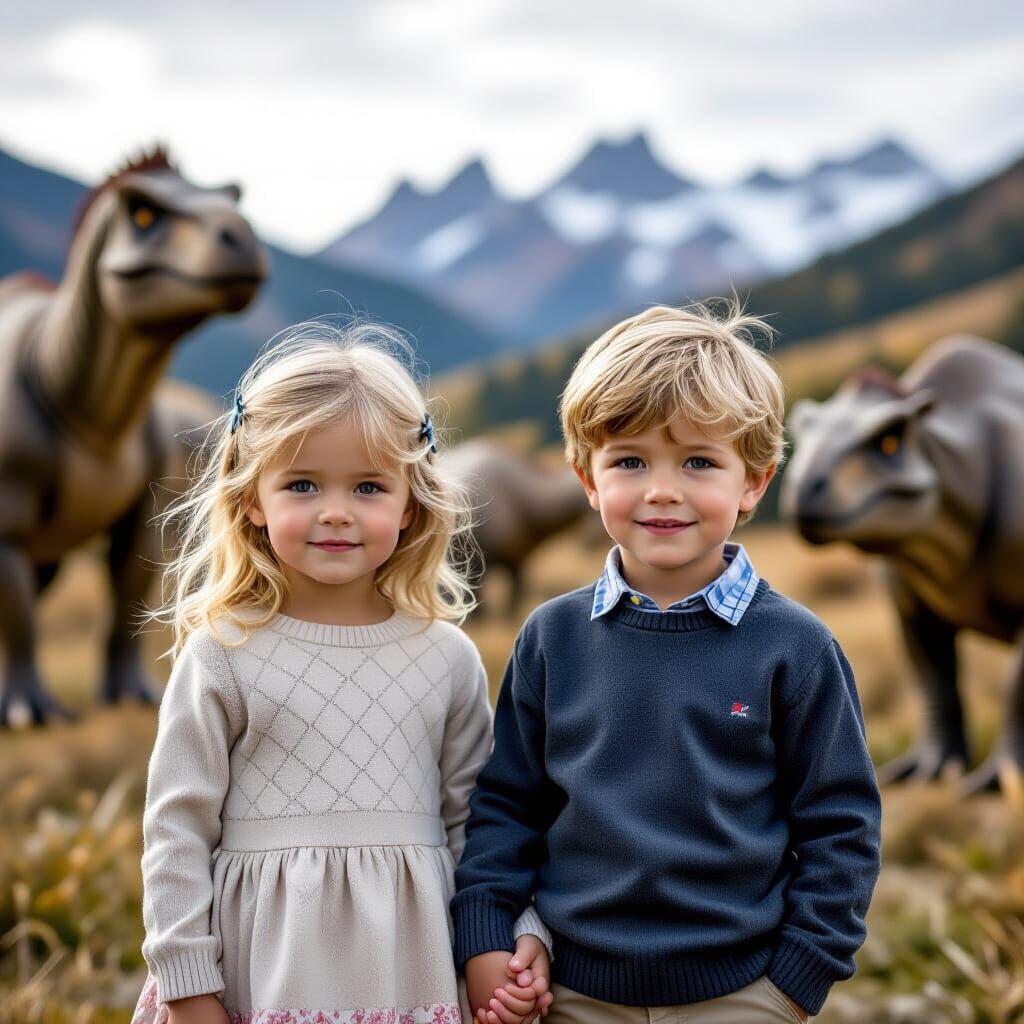 Children Amidst Prehistoric Beasts in Jura Landscape