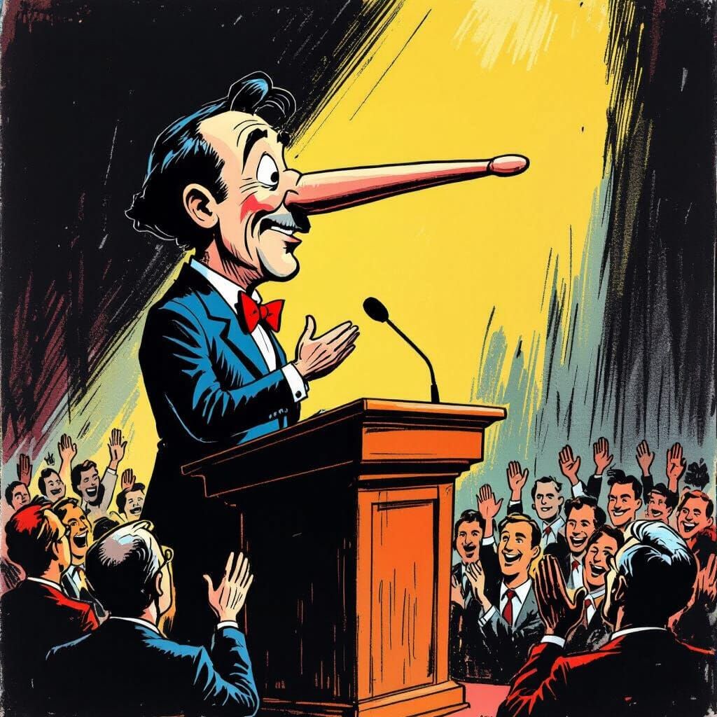 Speaker with Long Pinocchio Nose on Podium, Crowd Applauding