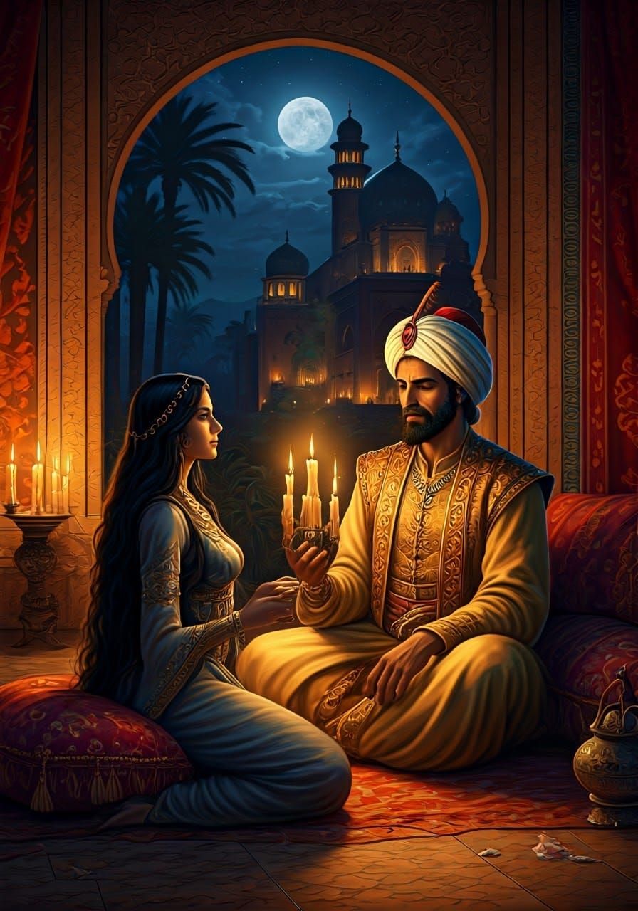 Regal Scheherazade Weaves Mesmerizing Tale on a Moonlit Arab...