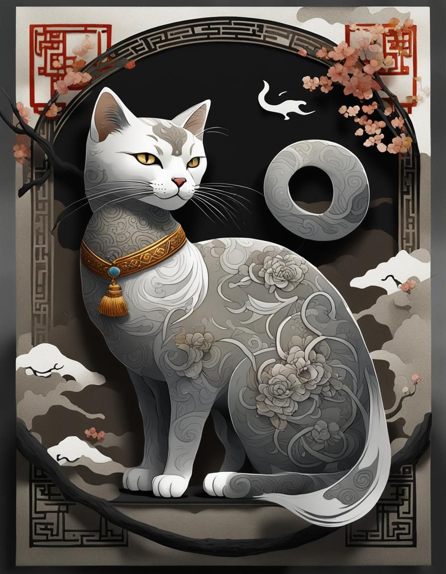 Elegant Oriental Cat Greeting Card in Detailed Matte Paintin...