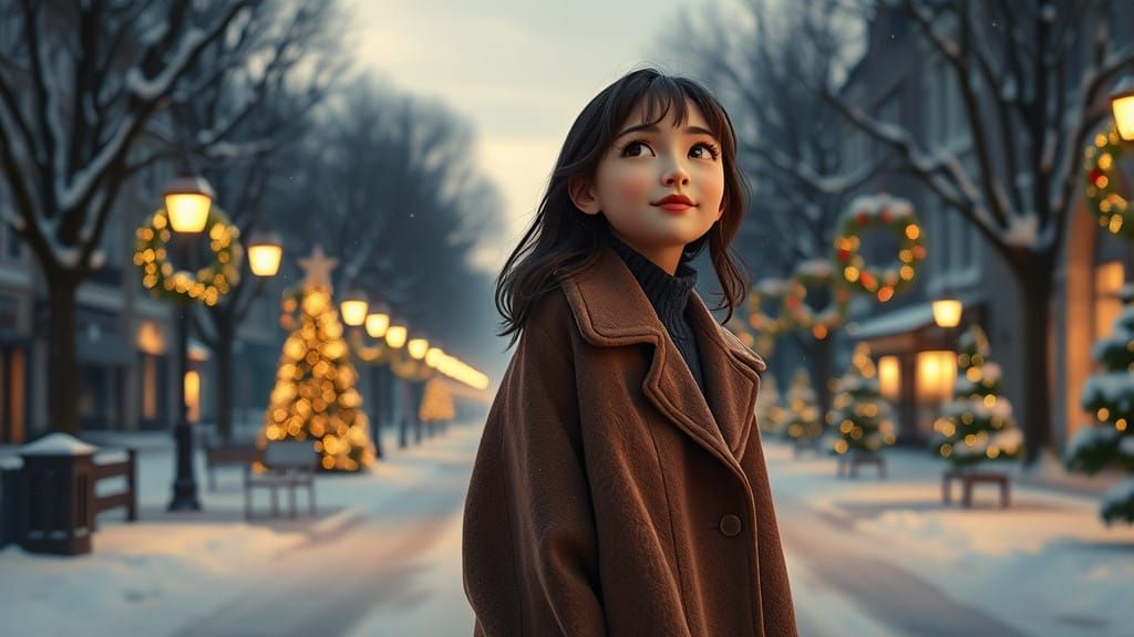 Young Woman Lost in Winter Serenity, Inspired by Cyberpunk a...