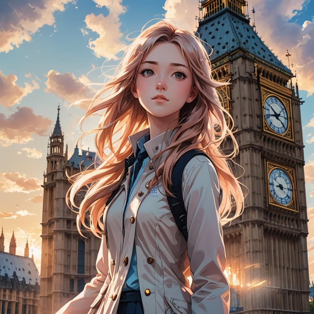 Anime Girl Portrait with Big Ben in Background