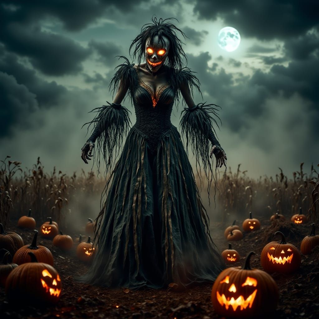 Ghostly Scarecrow Queen in Moonlit Pumpkin Field