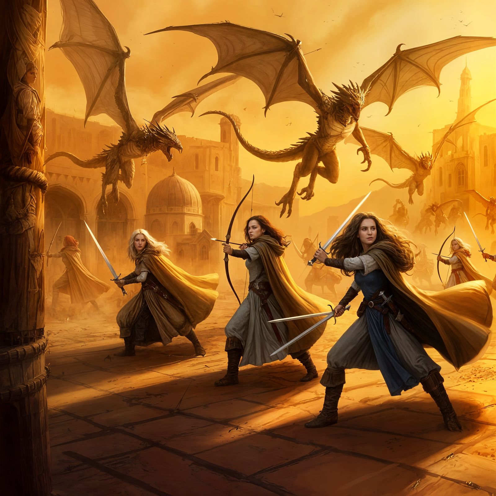 Medieval Women Battle Winged Creatures in Desert Plaza