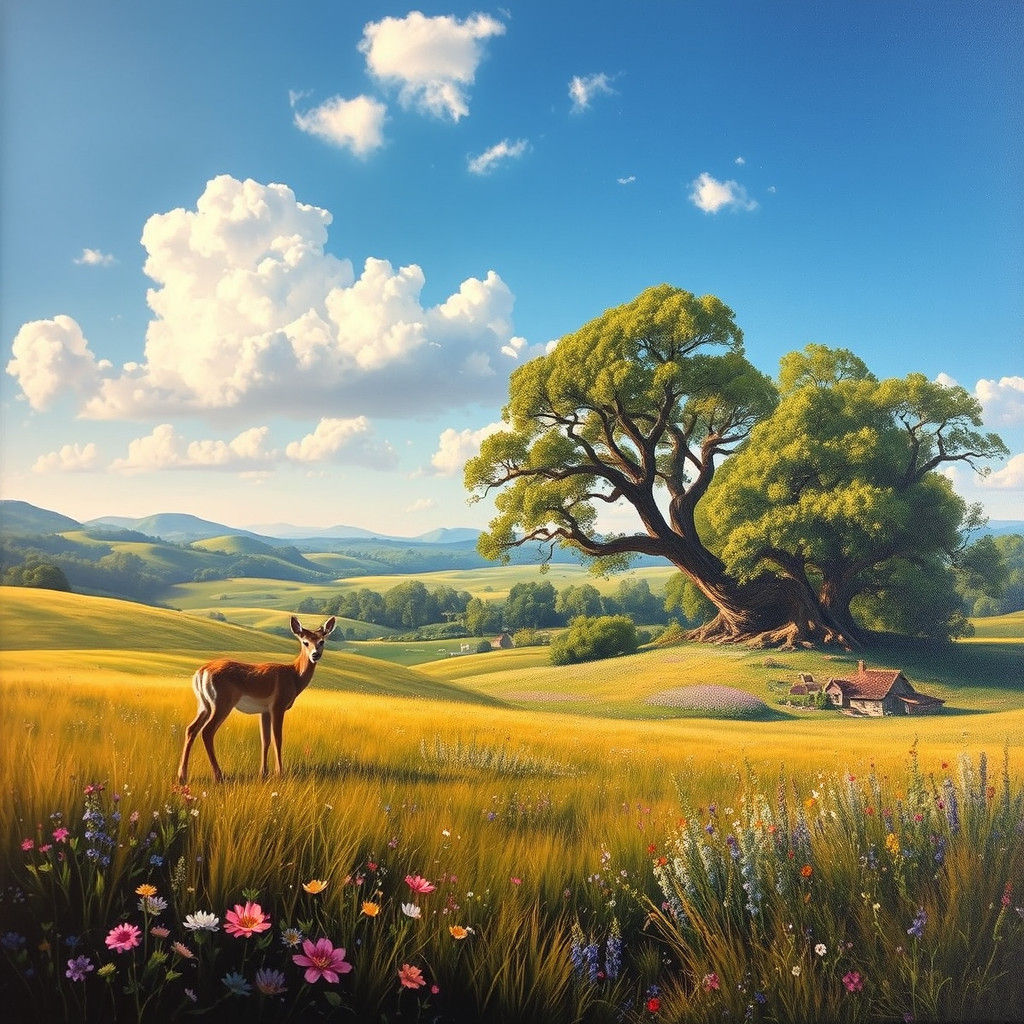 Enchanting Oil-on-Canvas Landscape with Fawn and Fairy Villa...