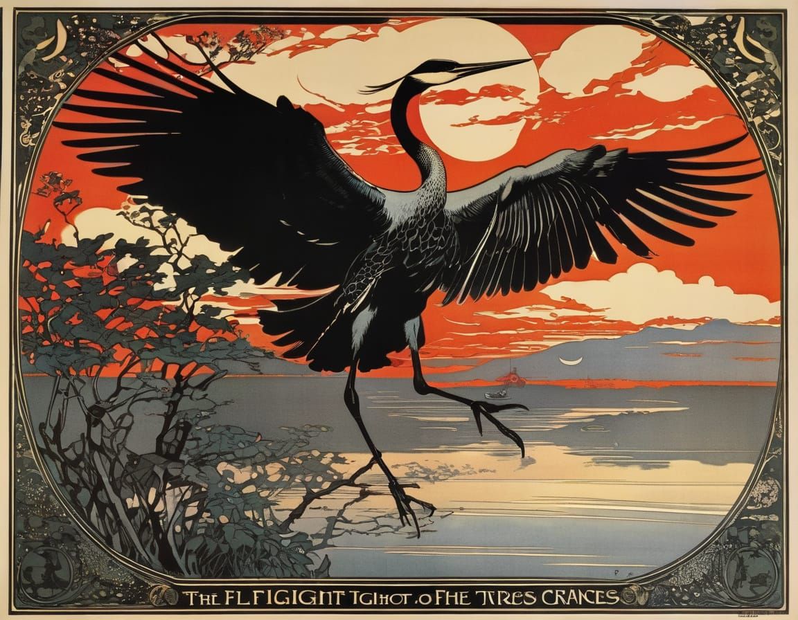 Cranes in Flight, Inspired by Art Nouveau and Fantasy Illust...