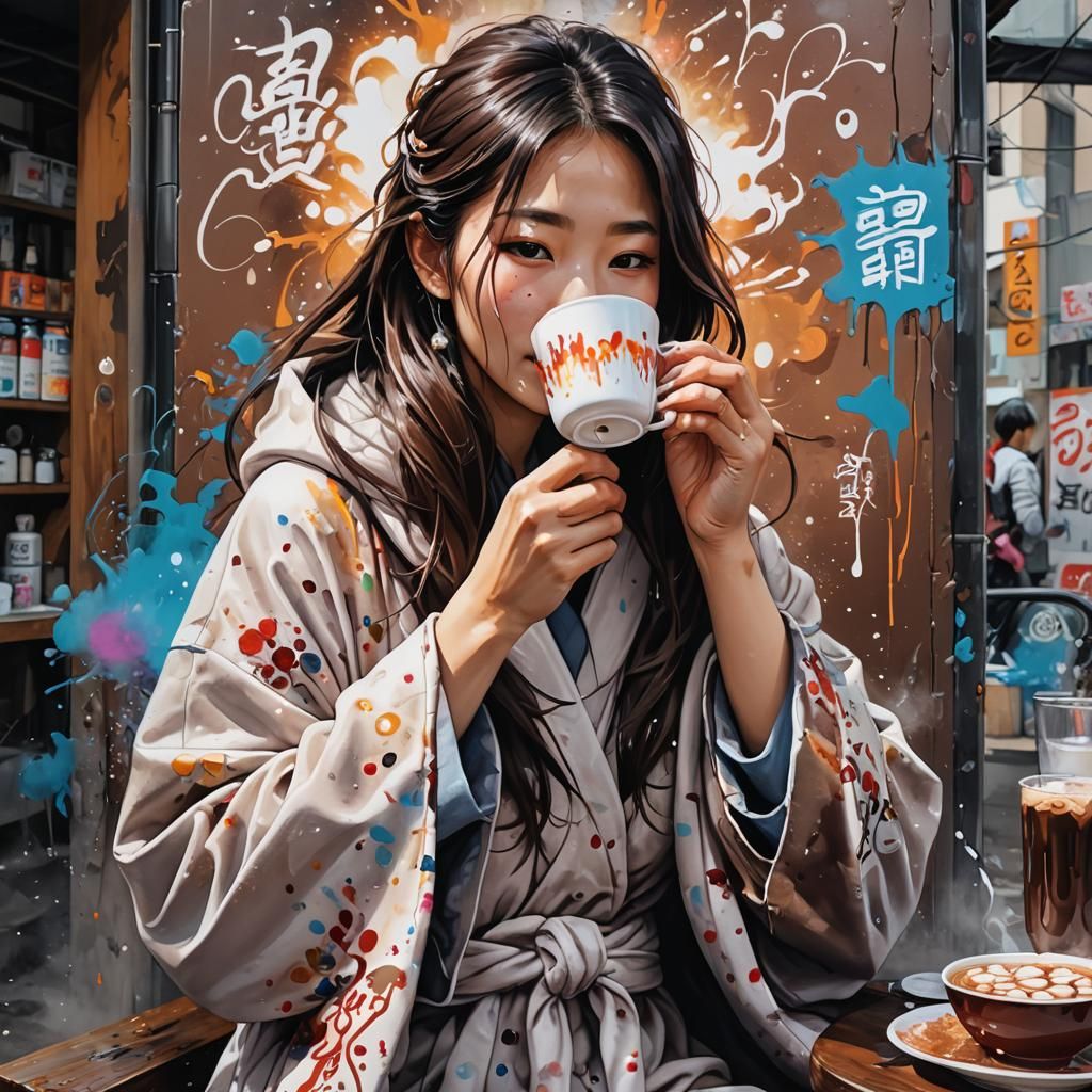 Colorful Graffiti Art: Korean Girl with Hot Chocolate