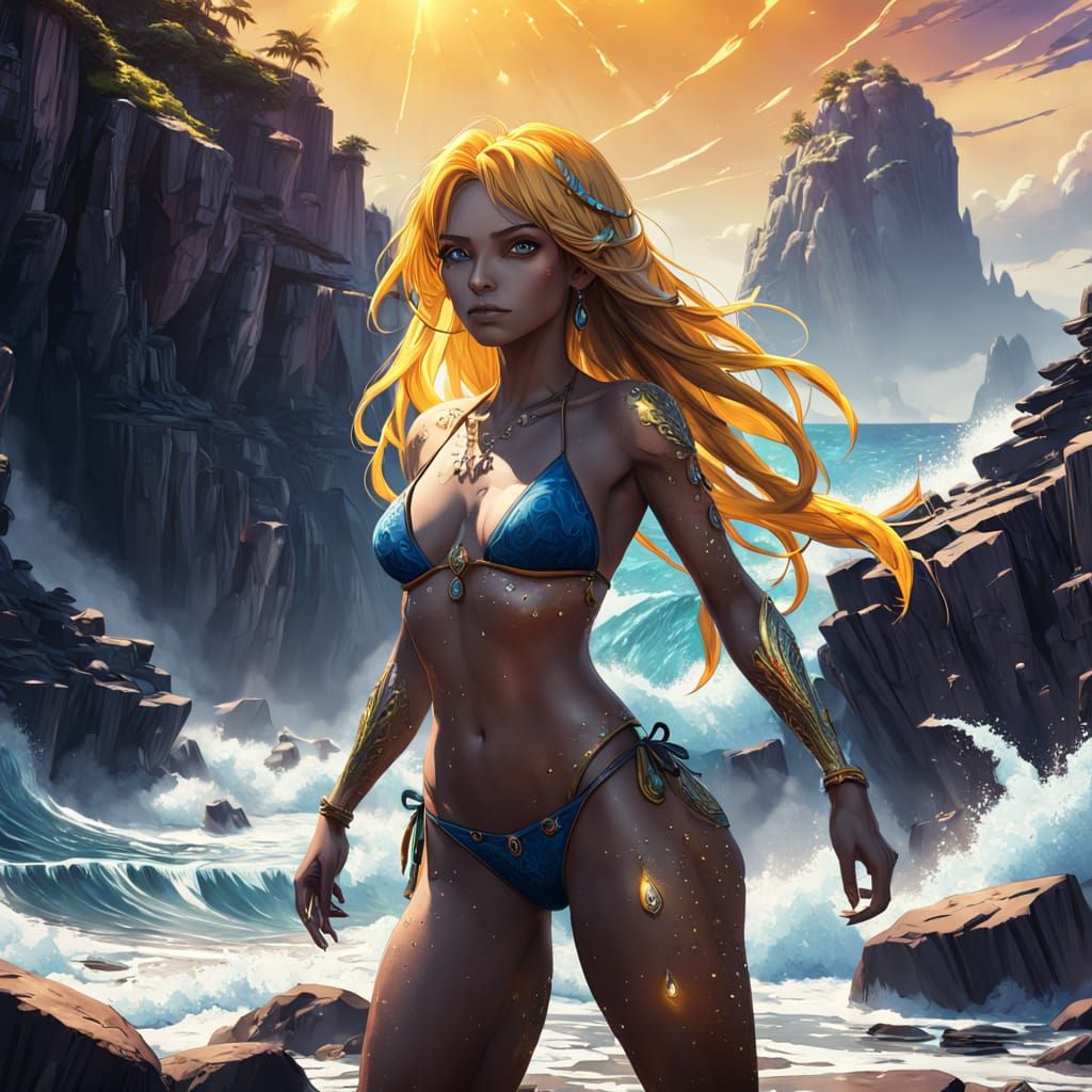 Anime Goddess Basks in Radiant Sunlight on Ocean Shore