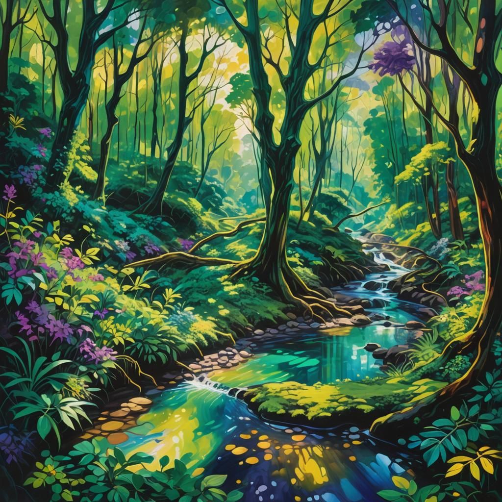 Abstract Expressionist Jungle Stream in Panoramic View