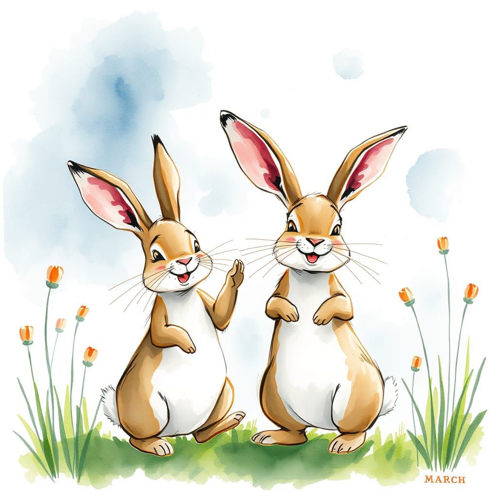 Expressive Watercolor Rabbits in Loose Calligraphic Style