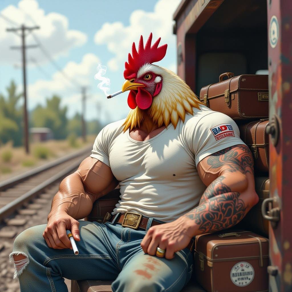 Muscular Chicken Rides the Rails: Expressive Charcoal Art
