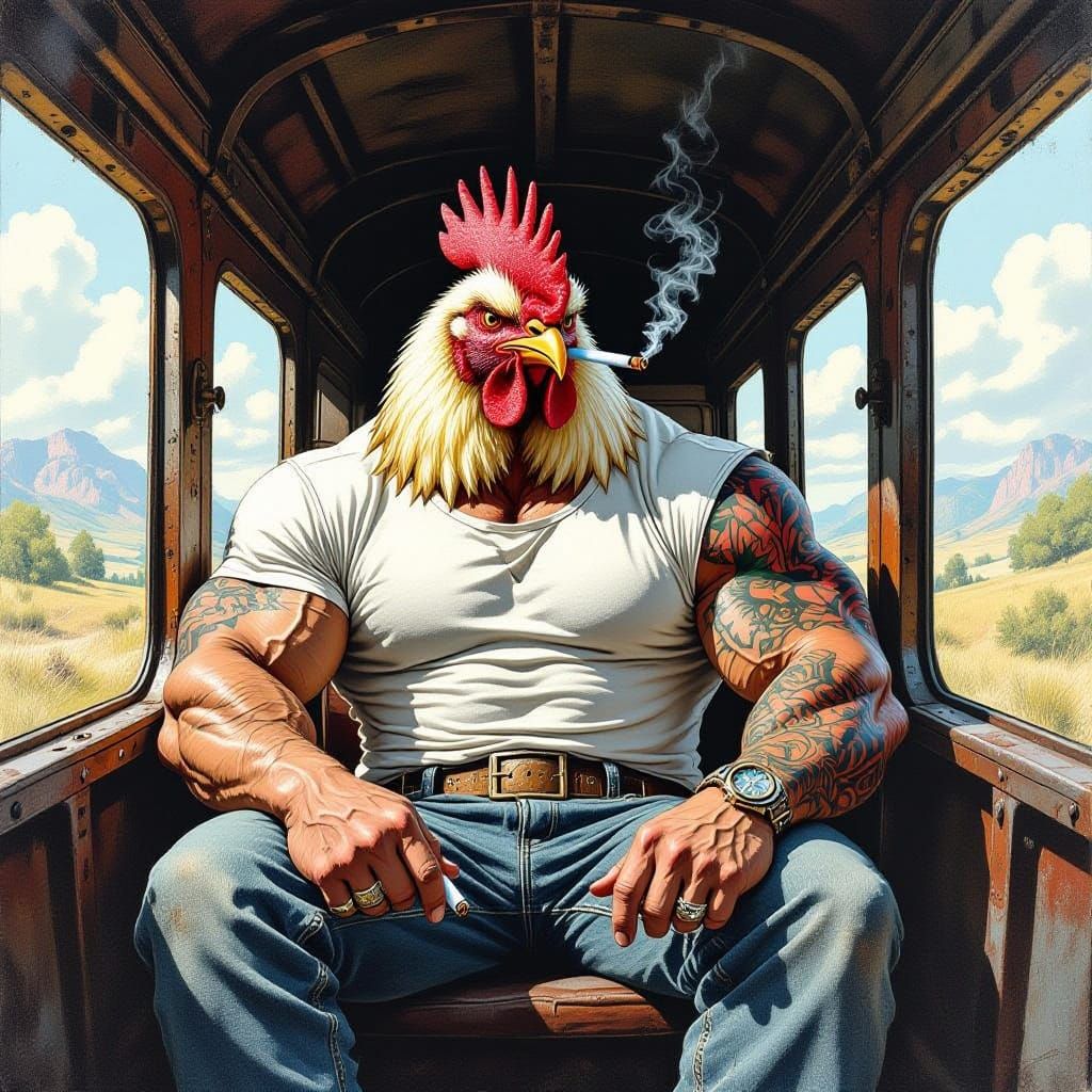 Muscular Chicken Hobo: Hyperdetailed Charcoal Drawing