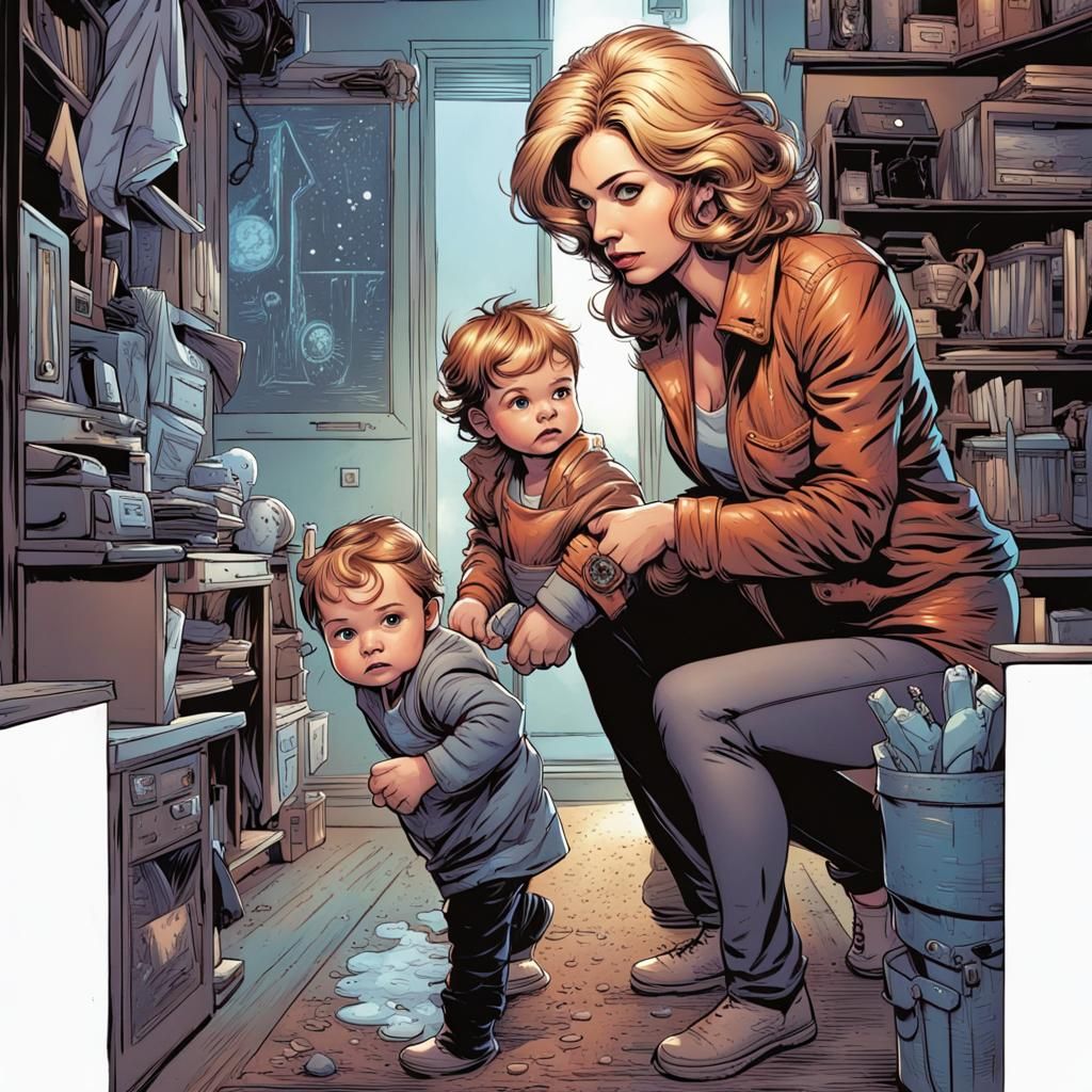 Babysitter Protecting Child in Comic Book Style