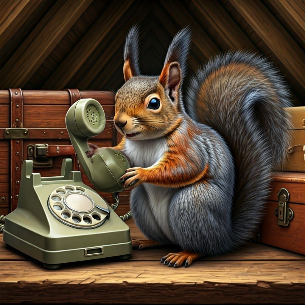 Squirrel in Whimsical Attic Setting with Rotary Phone