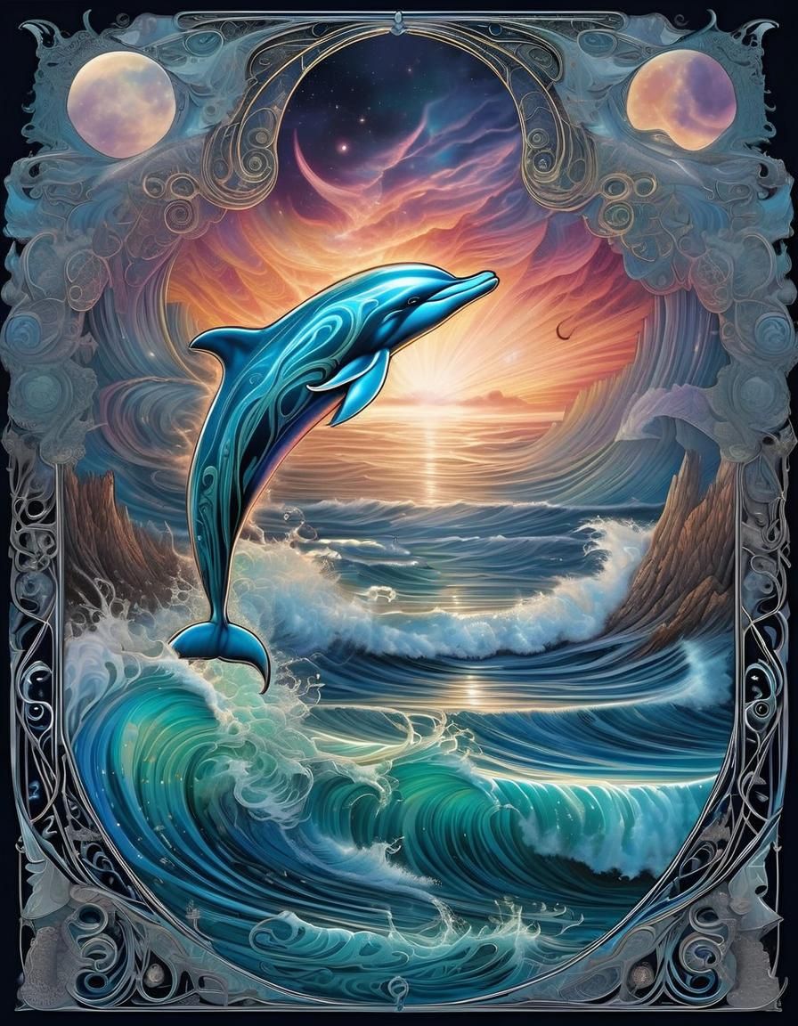 Aurora Dolphin Leaping from Disintegrating Moon