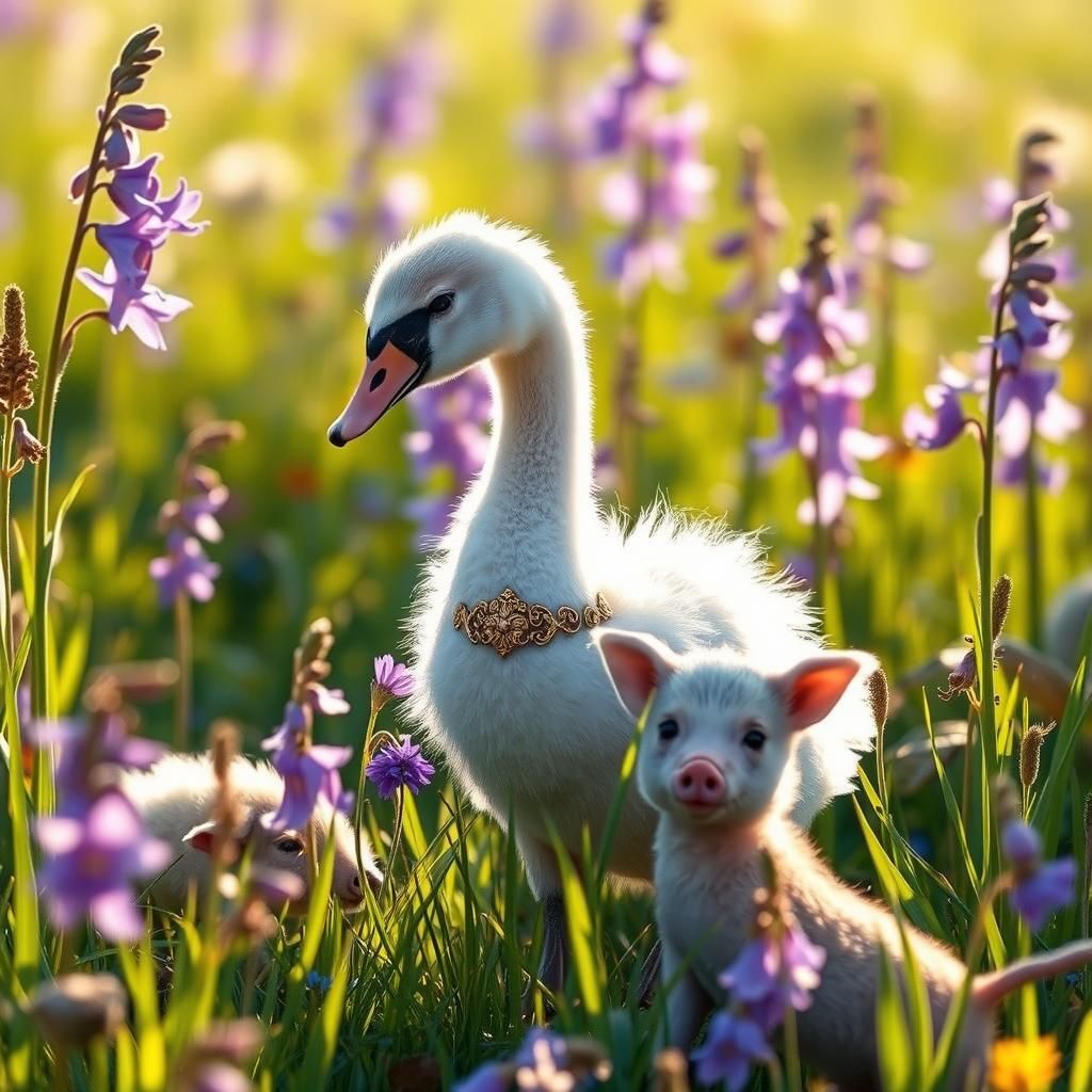 Swan Cygnet with Ring in Whimsical Meadow