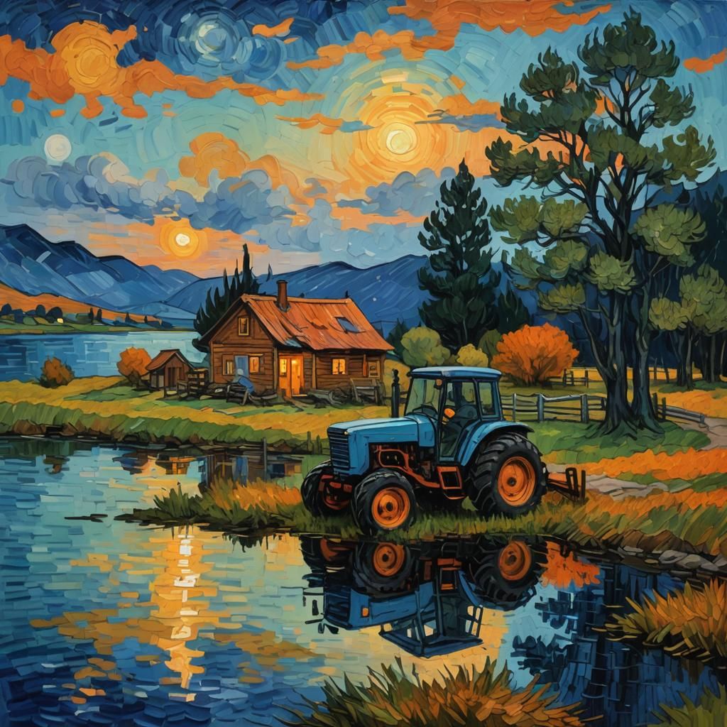 Tractor Cabin by Lake: Van Gogh Impasto Style