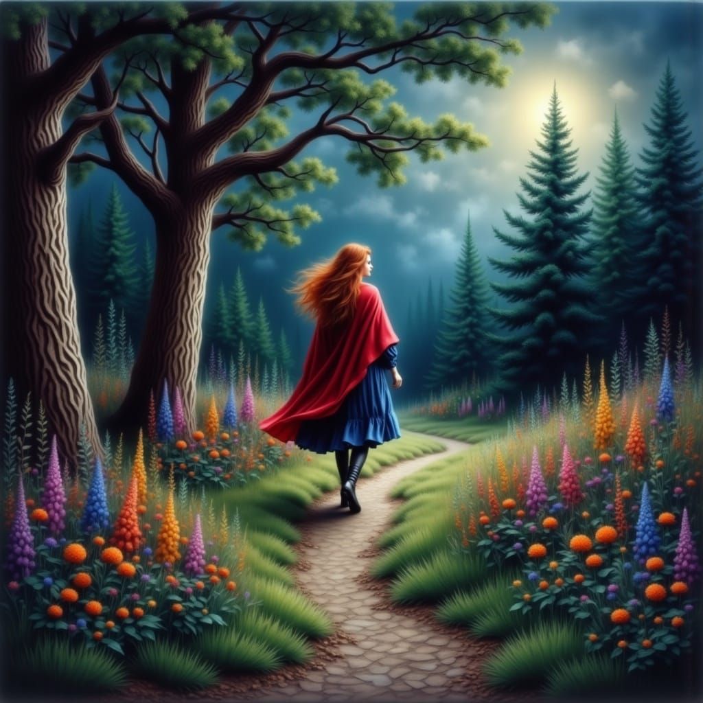 Red-Haired Woman in Forest at Night