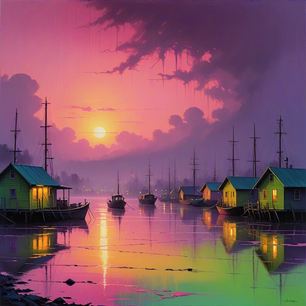 Dreamy Coastal Scene in Vibrant Purple and Amber Palette