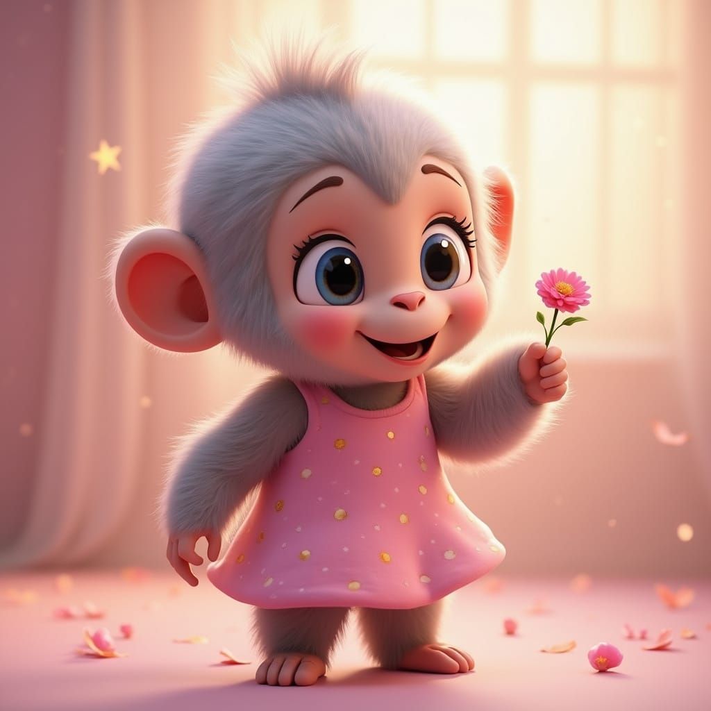 Cute Baby Gorilla in Pixar Style Holds Flower