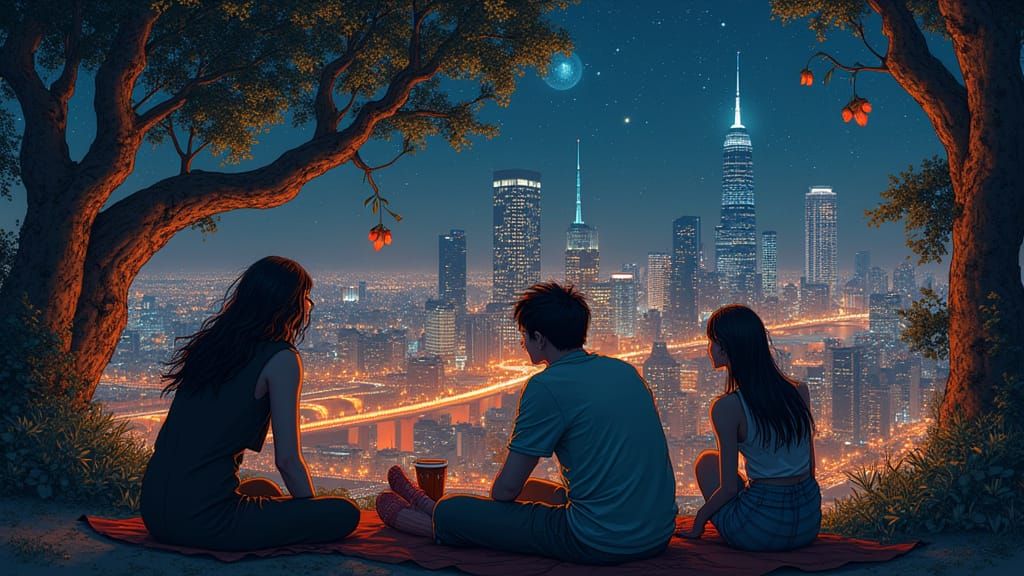 Cyberpunk Cityscape with Adaptive Florals and Fractal Geomet...