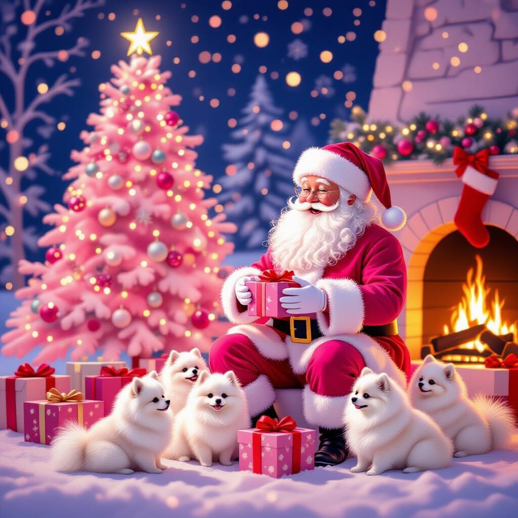 Pink Christmas Tree With Santa and Pomeranians