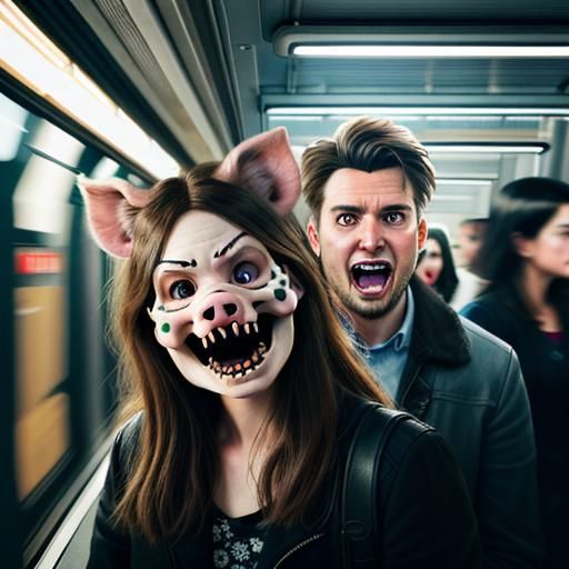 Wild Metro Scene with Wolf Mask, Photorealistic