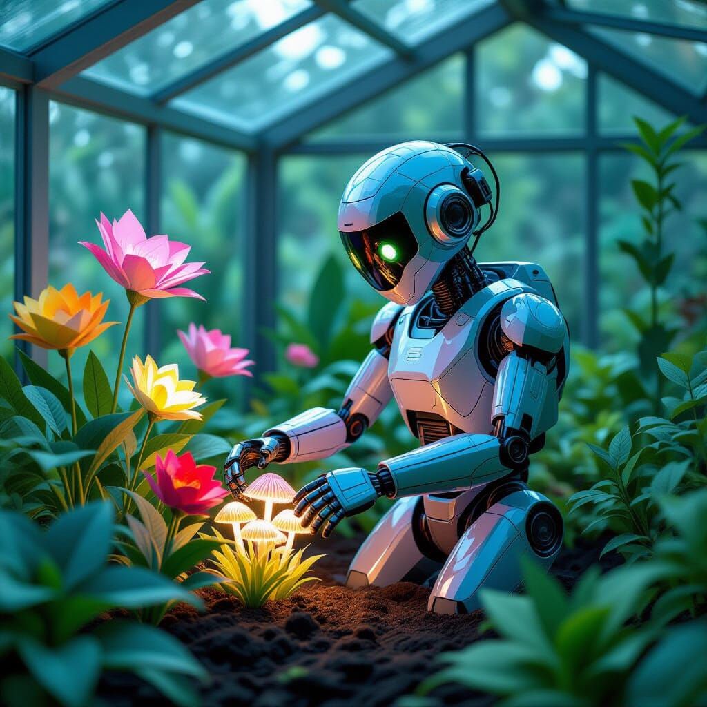 Futuristic Robot Gardener in Neon Greenhouse