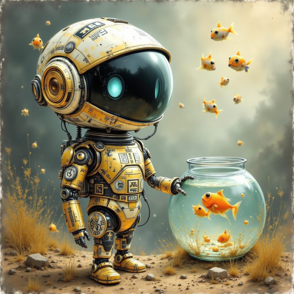 Cute Robot Holding Fishbowl in Ancient Gold Style