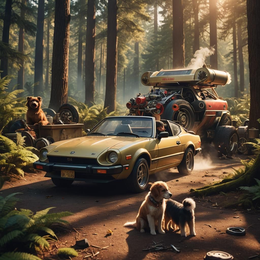 Whimsical Fantasy: Child in Toy Car in Dream Forest