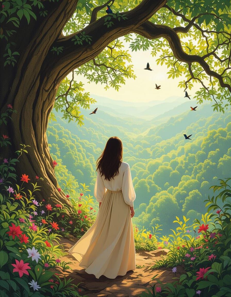 Woman Gazing at Vibrant Forest by Ancient Tree
